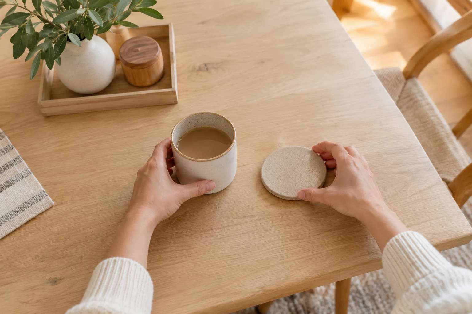 第一视角示意：双手在浅色桌面上整理陶瓷杯和杯垫